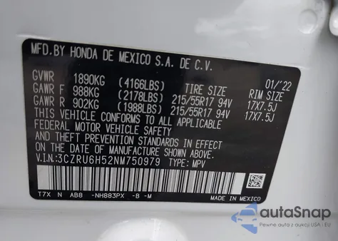 2022 Honda Hr-V Awd Ex из США, поврежденный, VIN 3CZRU6H52NM750979